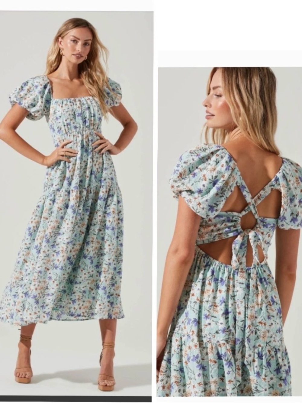 ASTR The Label Floral Tiered Puff Sleeve Midi Dress Open Back Blue